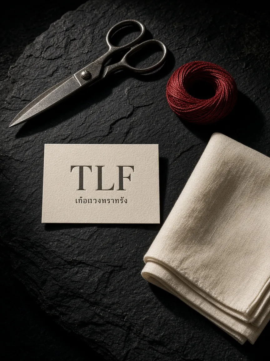 Letterpress fashion-house mark, steel shears and Thai silk. No model.